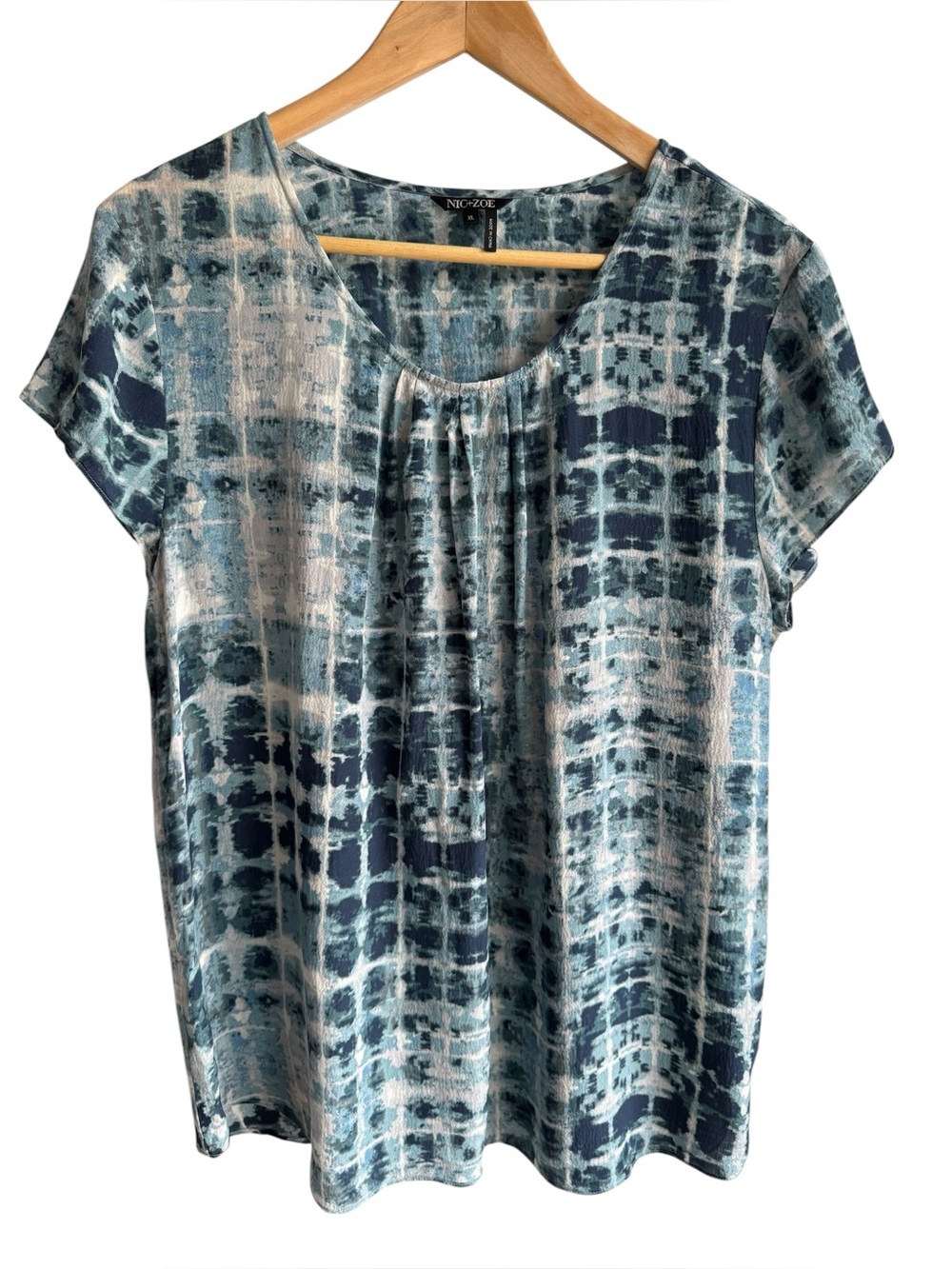 Nic+Zoe Silk Blend Top XL Blue Grey Tie Dye Short Sleeve Relaxed Fit Shirt